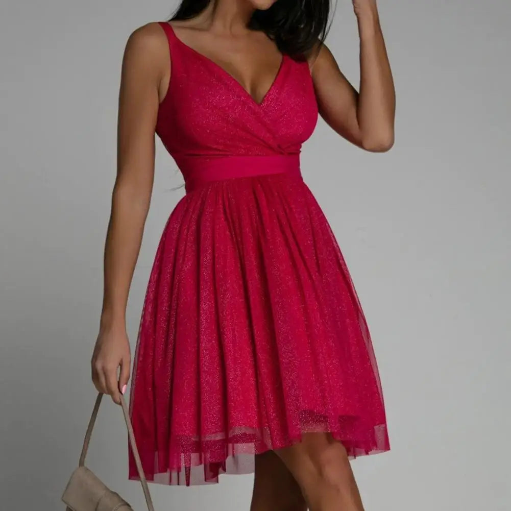 Special occasion shimmering sequin party dress, Seraphina style. Women's glamorous v-neck, open-back evening wear.