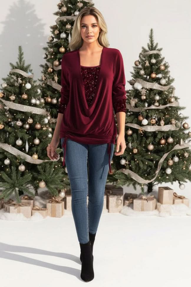 Glamorous women's shimmering sequin plunging neck top, perfect for evening parties & special occasions.