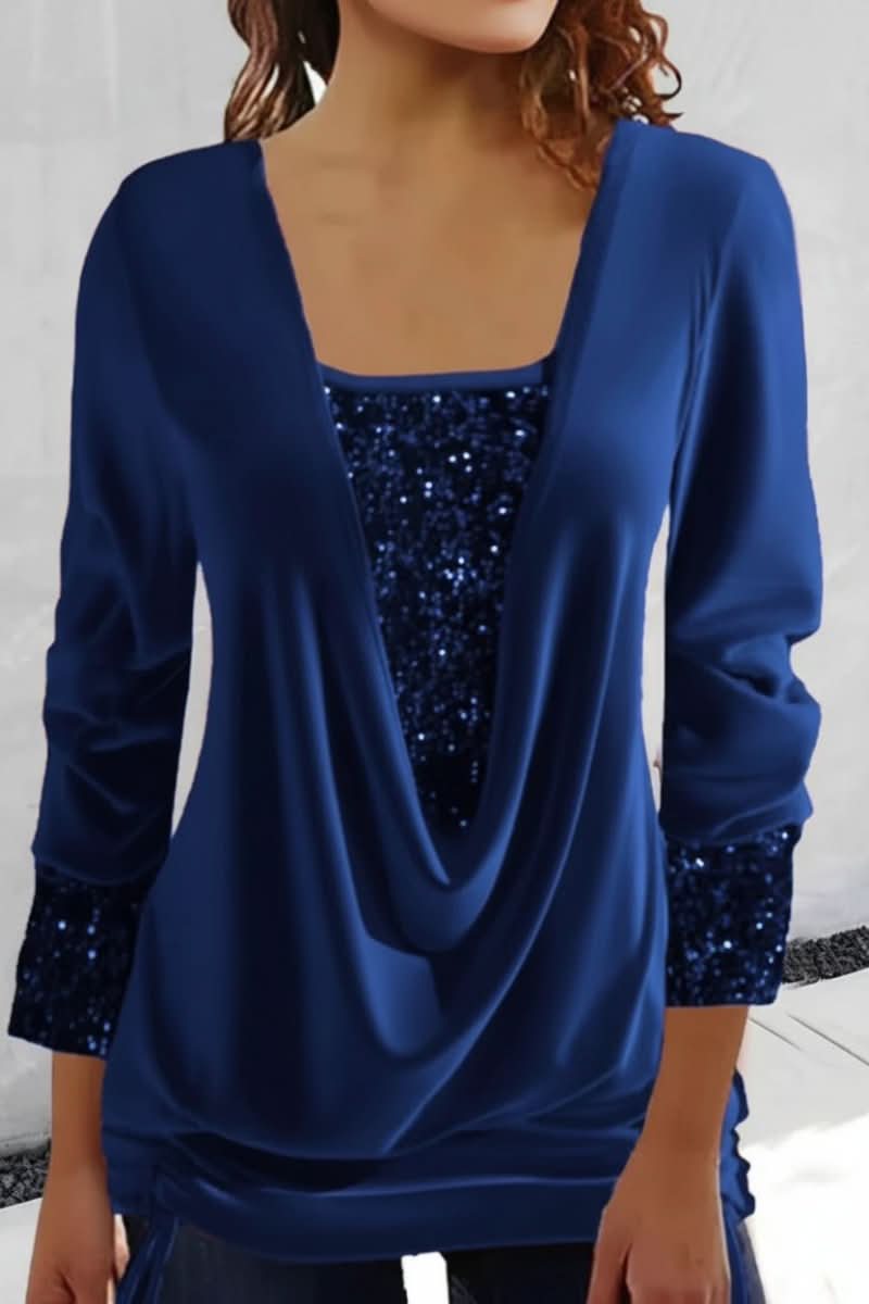 Close-up: Shimmering sequin women's plunging neck top, long sleeves, a dazzling choice for glamorous evening parties.