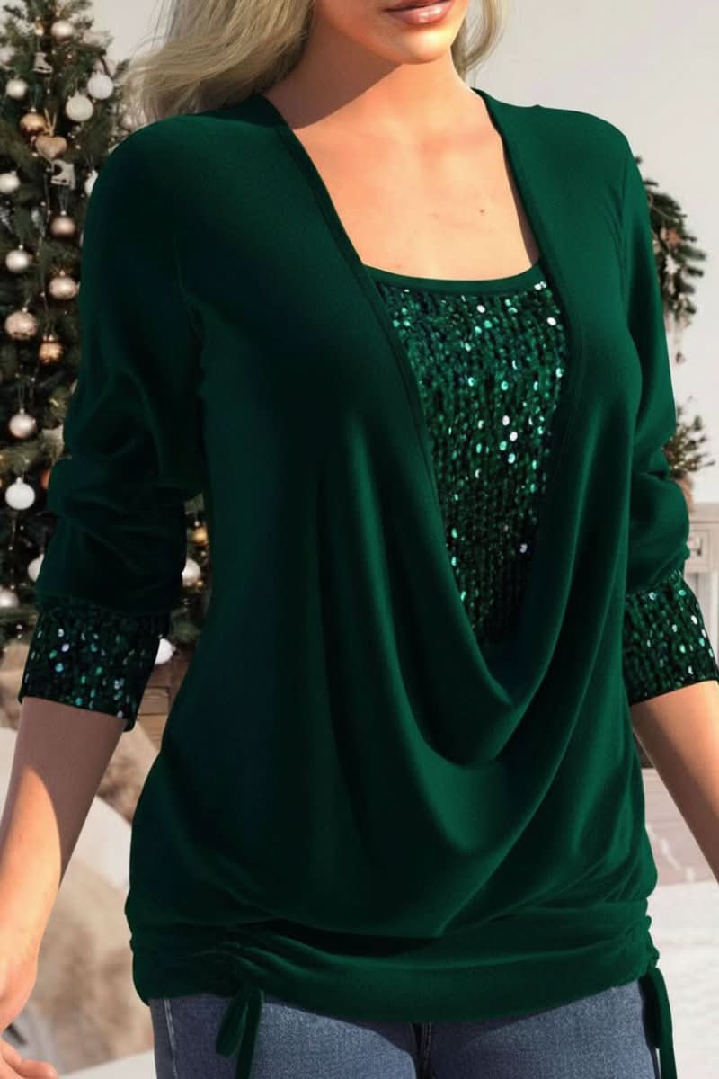 Women's sequin top with a deep plunging neckline, long sleeves, ideal for a glamorous evening, party, or special occasion.
