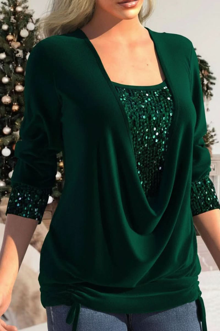 Women's sequin top with a deep plunging neckline, long sleeves, ideal for a glamorous evening, party, or special occasion.