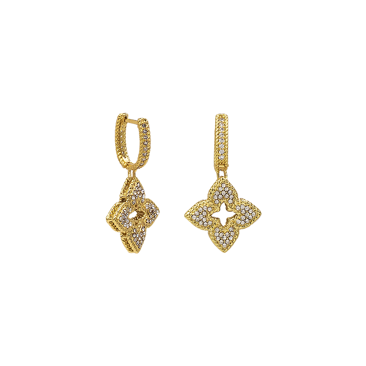 Close-up of sparkling flower earrings for women, featuring dazzling cubic zirconia stones. Elegant jewelry gift.