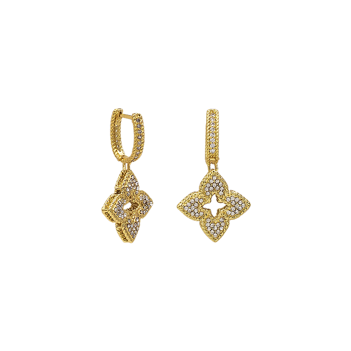 Close-up of sparkling flower earrings for women, featuring dazzling cubic zirconia stones. Elegant jewelry gift.