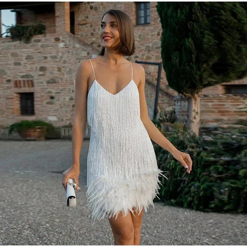 Women's party dress: dazzling sequin cocktail dress with feather detail, ideal for evening events & special occasions.