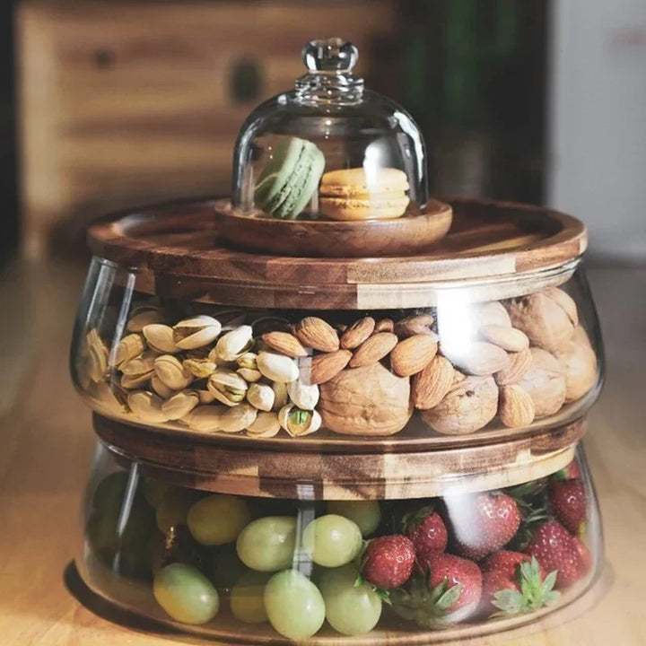 Glass bowl with acacia wood lid for kitchen storage & elegant home decor. Sustainable serving dish.