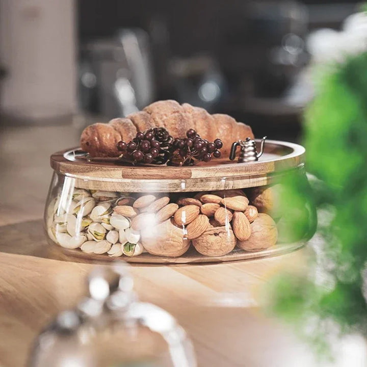 Eco-friendly glass food storage bowl featuring a sustainable acacia wood lid. Elegant for kitchen & home serving.