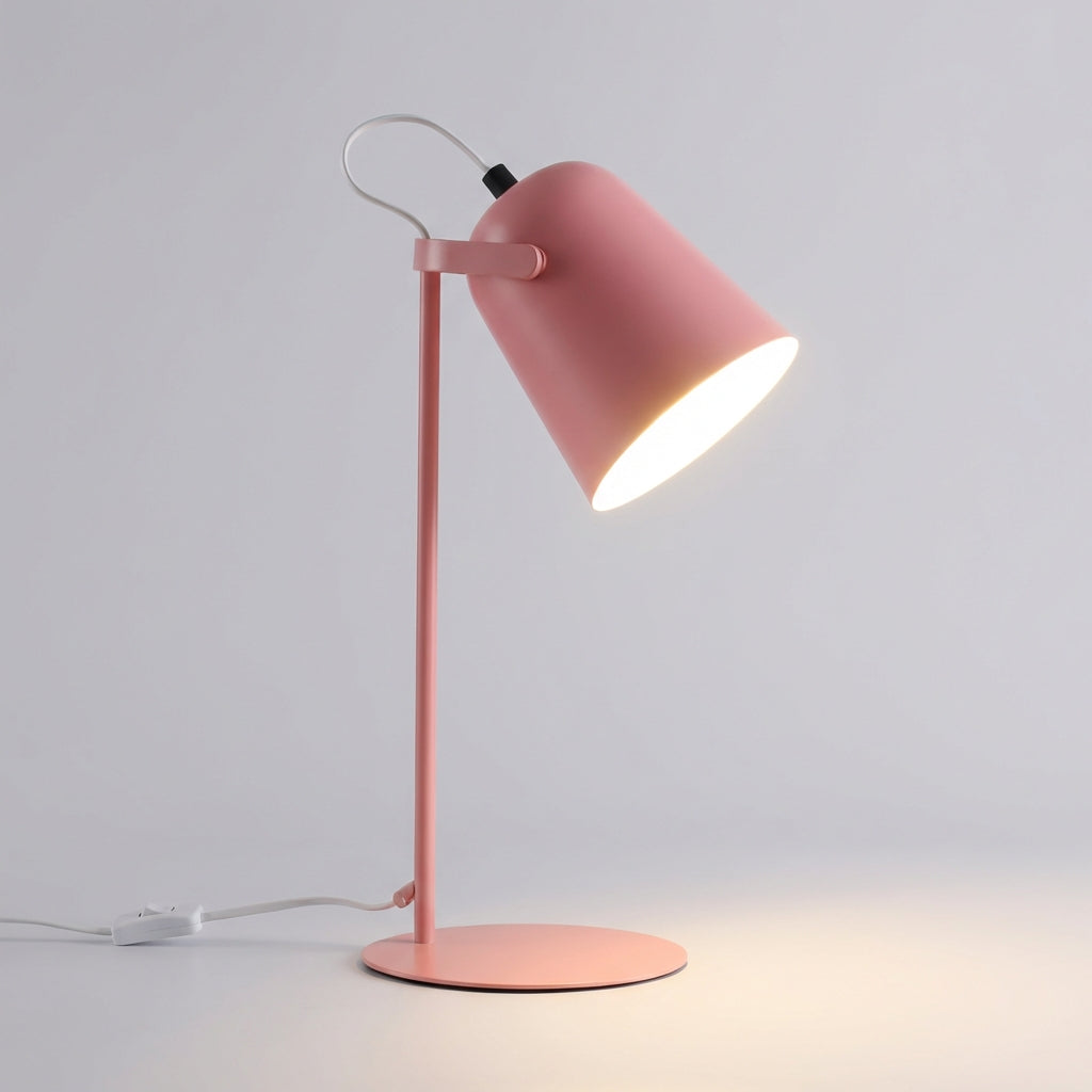 Glintor adjustable task lamp on a minimalist desk, illuminating a laptop and notebook, efficient workspace lighting.