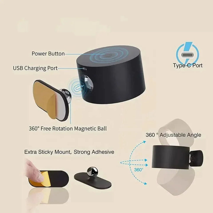 Cordless GLOW360 LED wall lamp, rechargeable via USB. Magnetic for flexible placement and touch-controlled.