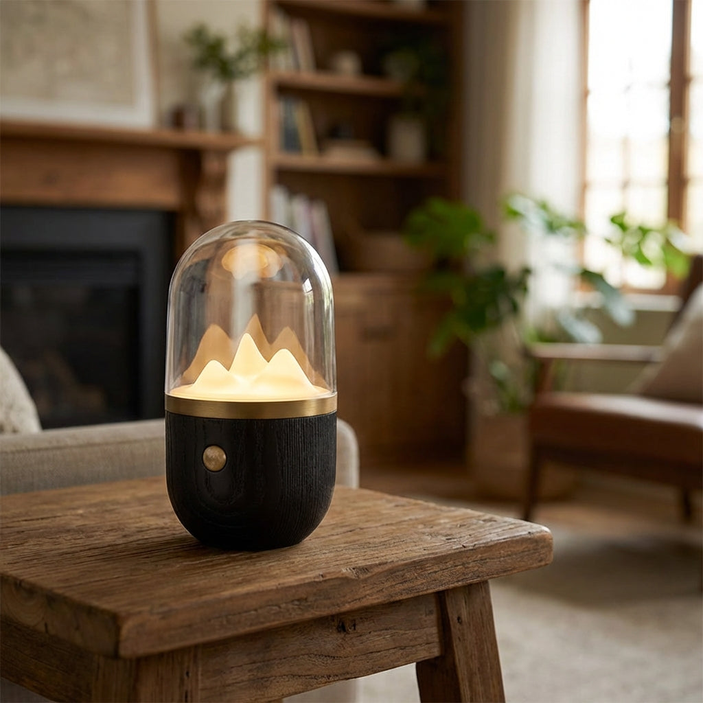 Glowcrest Tabletop Ambient Night Lamp, modern wooden base, soft LED light for bedroom decor