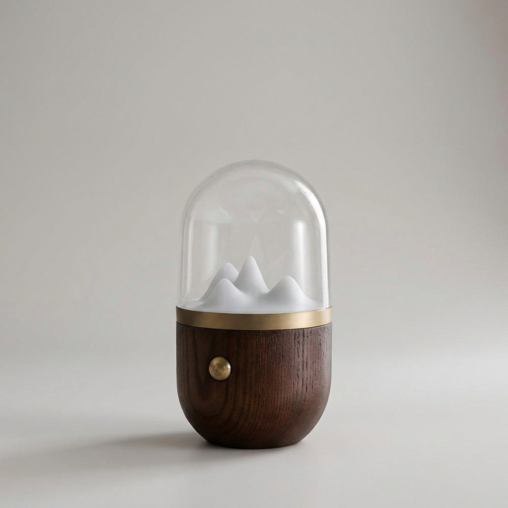 Wooden Glowcrest ambient lamp, an elegant night light, creating a serene bedroom atmosphere