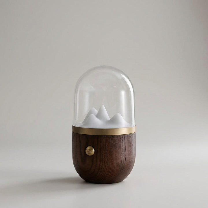 Wooden Glowcrest ambient lamp, an elegant night light, creating a serene bedroom atmosphere