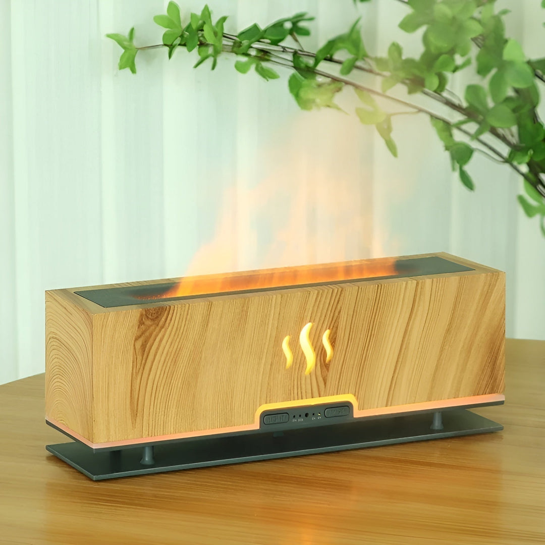 GlowFlame aroma humidifier with realistic flame effect, perfect for relaxation & modern home decor.