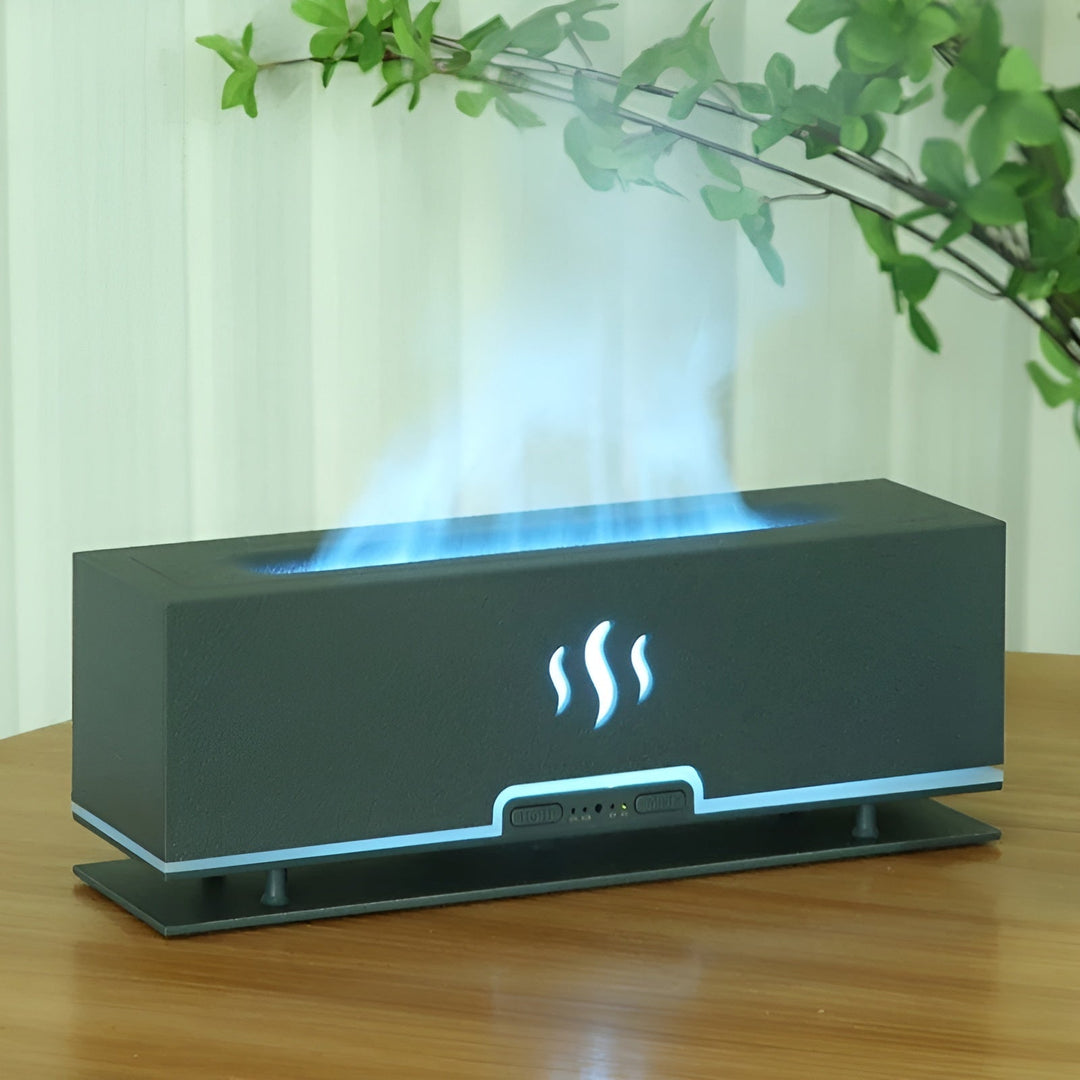 Multifunction GlowFlame essential oil diffuser & humidifier creates calming ambiance with safe flame light.