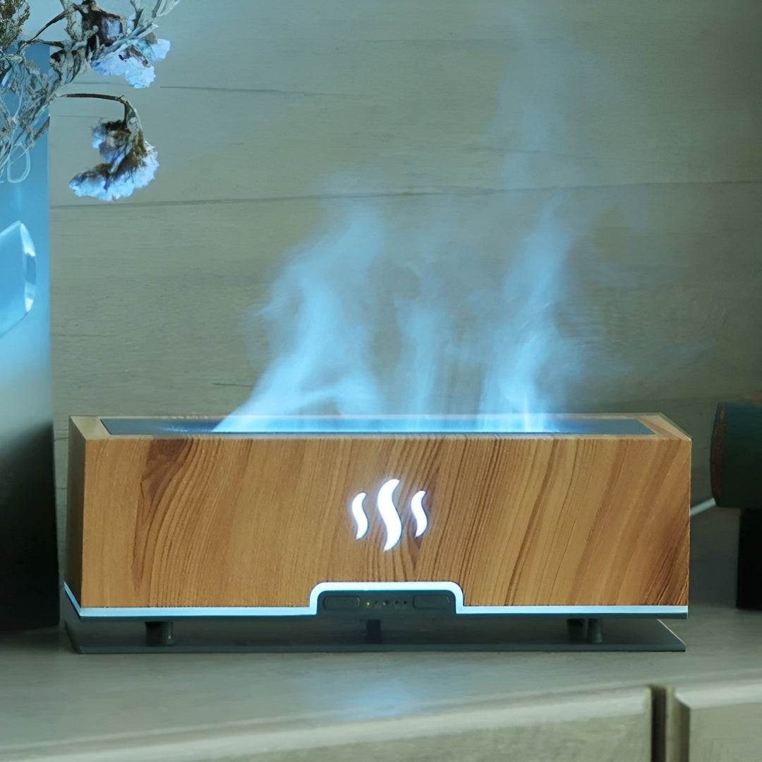 Portable GlowFlame aroma humidifier & flame lamp, perfect for relaxation, ambiance, and a fresh home.