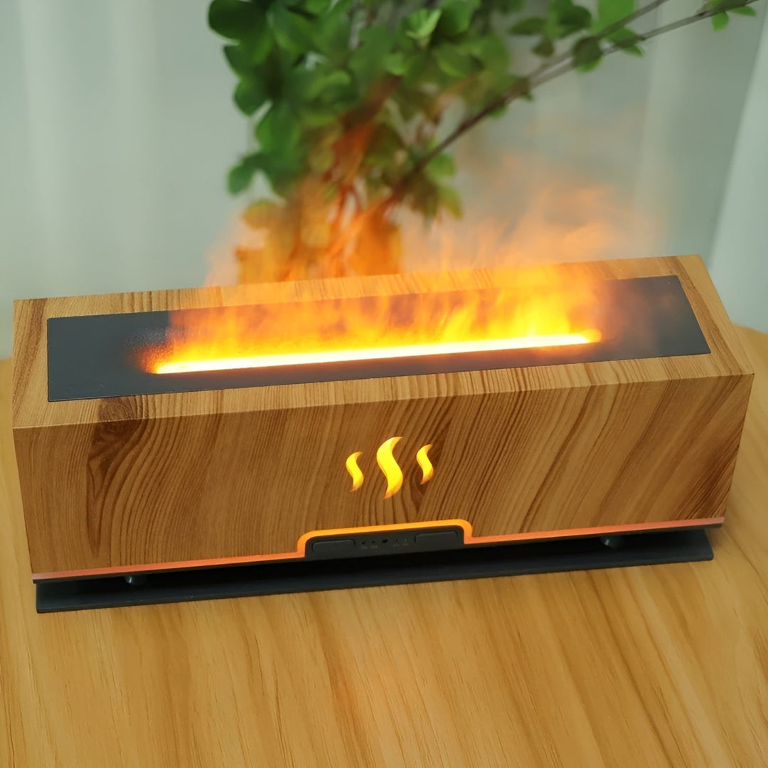 USB-powered GlowFlame humidifier/aroma diffuser, bringing modern flame ambiance & essential oil benefits.
