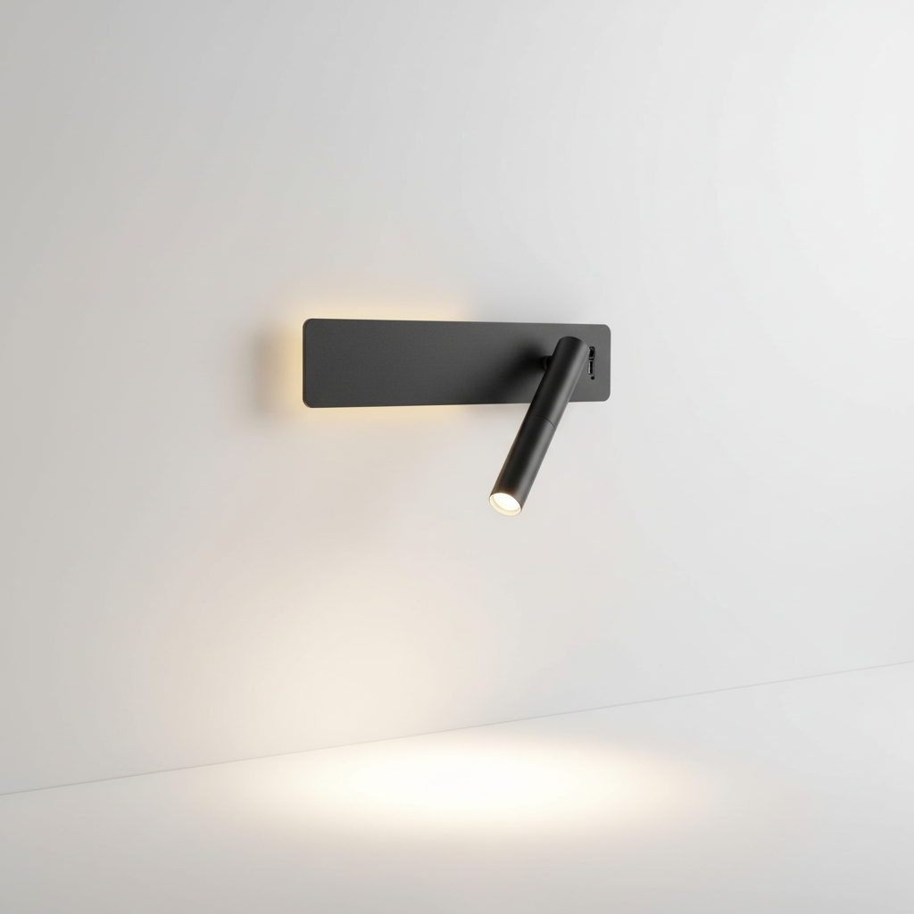 Modern adjustable LED wall light for reading, Dimmable GlowFocus, mounted above a bed