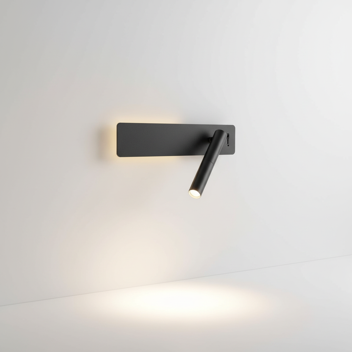 Modern adjustable LED wall light for reading, Dimmable GlowFocus, mounted above a bed