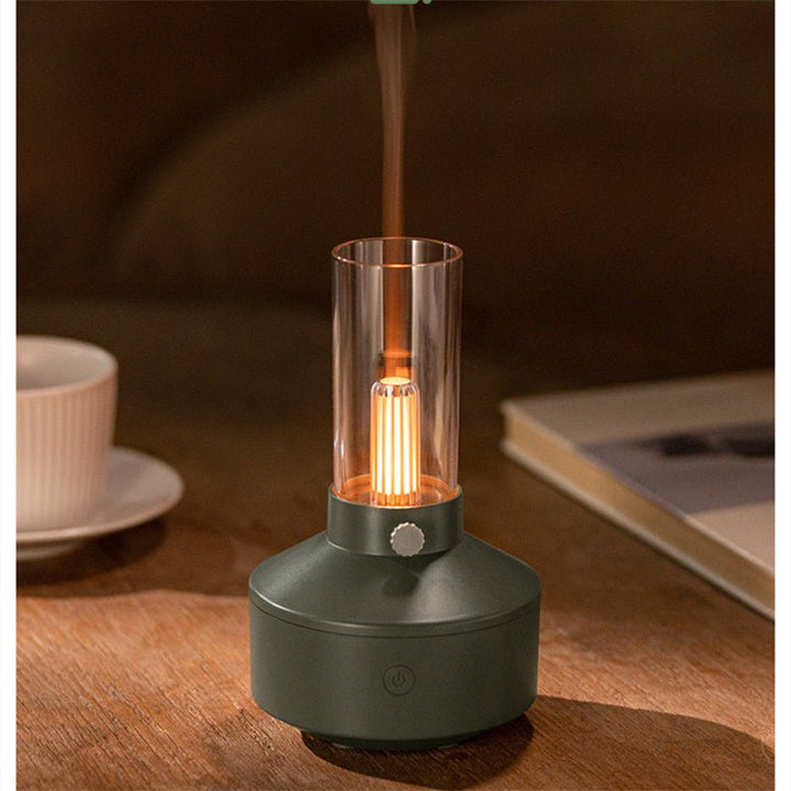 Modern GlowMist aromatherapy diffuser with warm LED night light, enhancing bedroom tranquility & decor.