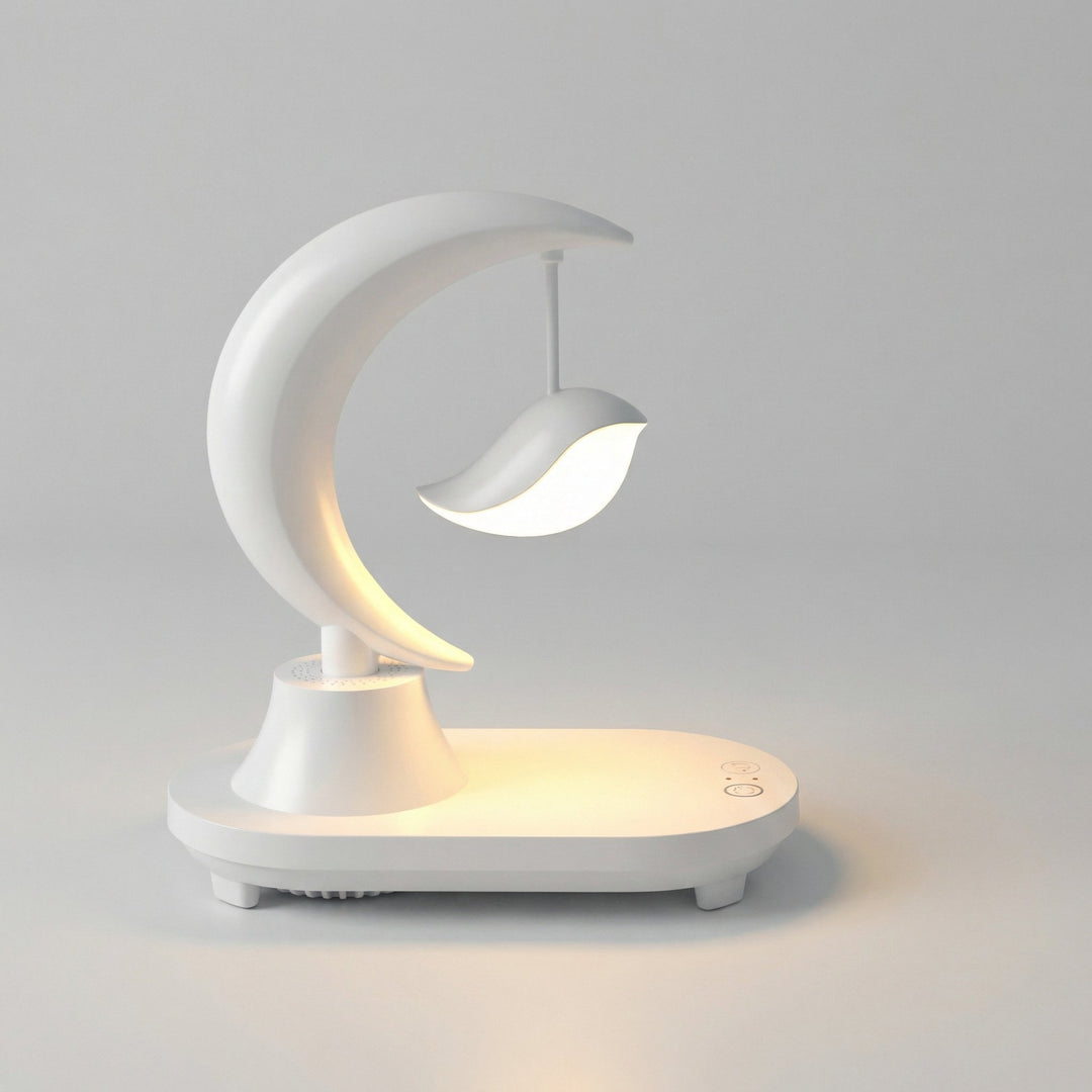 Portable Glowmoon Bluetooth Bedside Lamp, featuring wireless phone charging and a soft LED night light for versatile use.