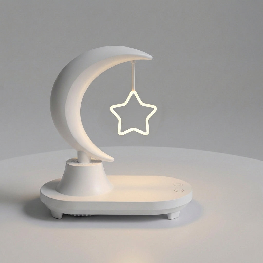 Glowmoon wireless charging bedside lamp, showcasing its compact design, ambient light, and built-in Bluetooth speaker.