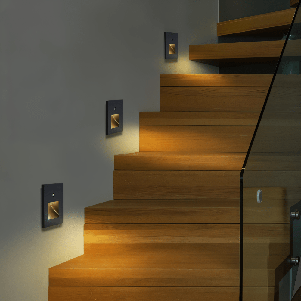 Easy-install GLOWPATH motion sensor LED light, perfect for modern stair and hallway home lighting.