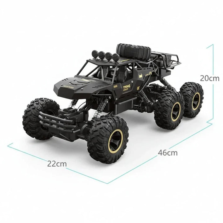 Gold & black 6x6 RC monster truck, ideal for thrilling all-terrain and off-road adventure play. Rechargeable.