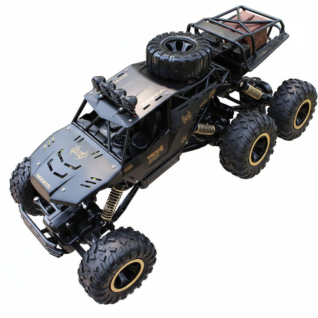 Exciting gold & black 6x6 remote control monster truck, great for kids' toys or adult hobbies. All-terrain.