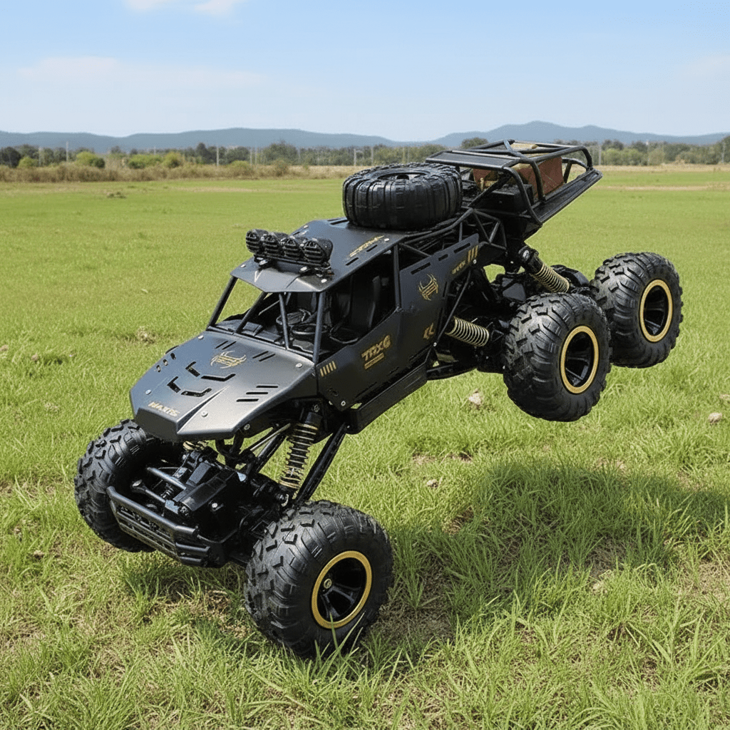 Detailed shot of gold & black 6x6 RC monster truck, showcasing robust off-road tires & powerful design.