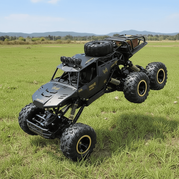 Detailed shot of gold & black 6x6 RC monster truck, showcasing robust off-road tires & powerful design.