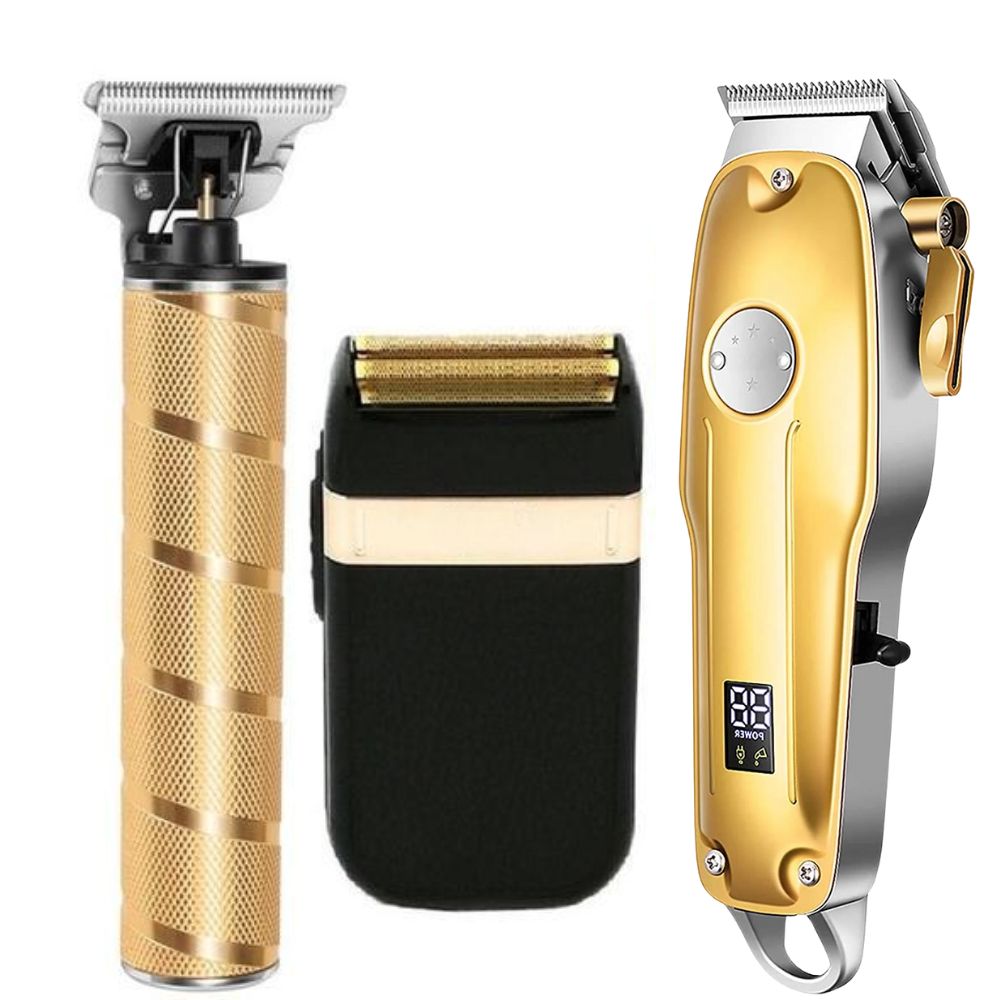 Gold cordless men's professional hair clipper set for precision grooming.