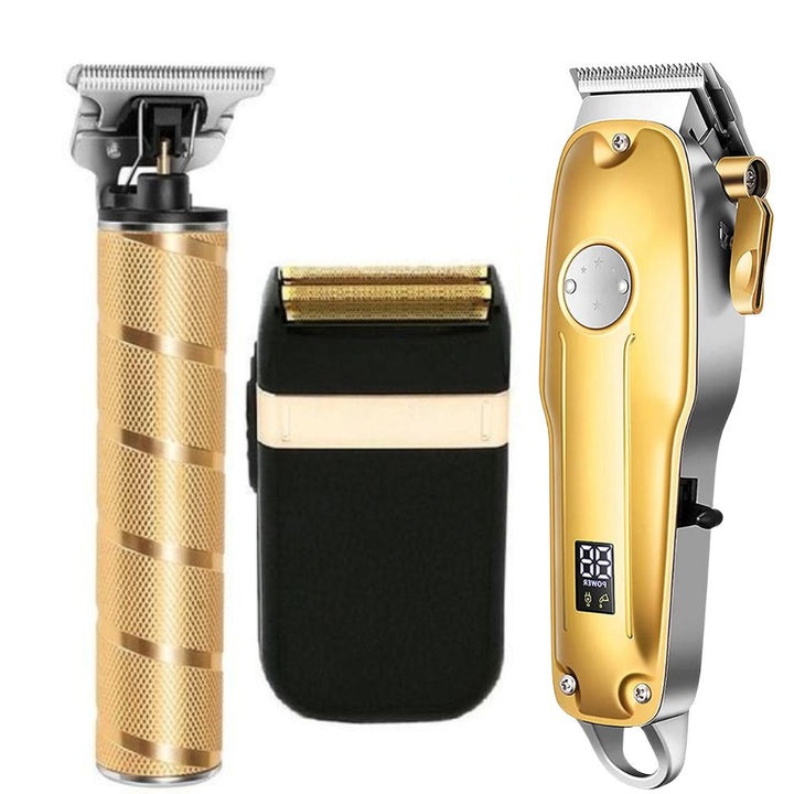 Gold cordless men's professional hair clipper set for precision grooming.