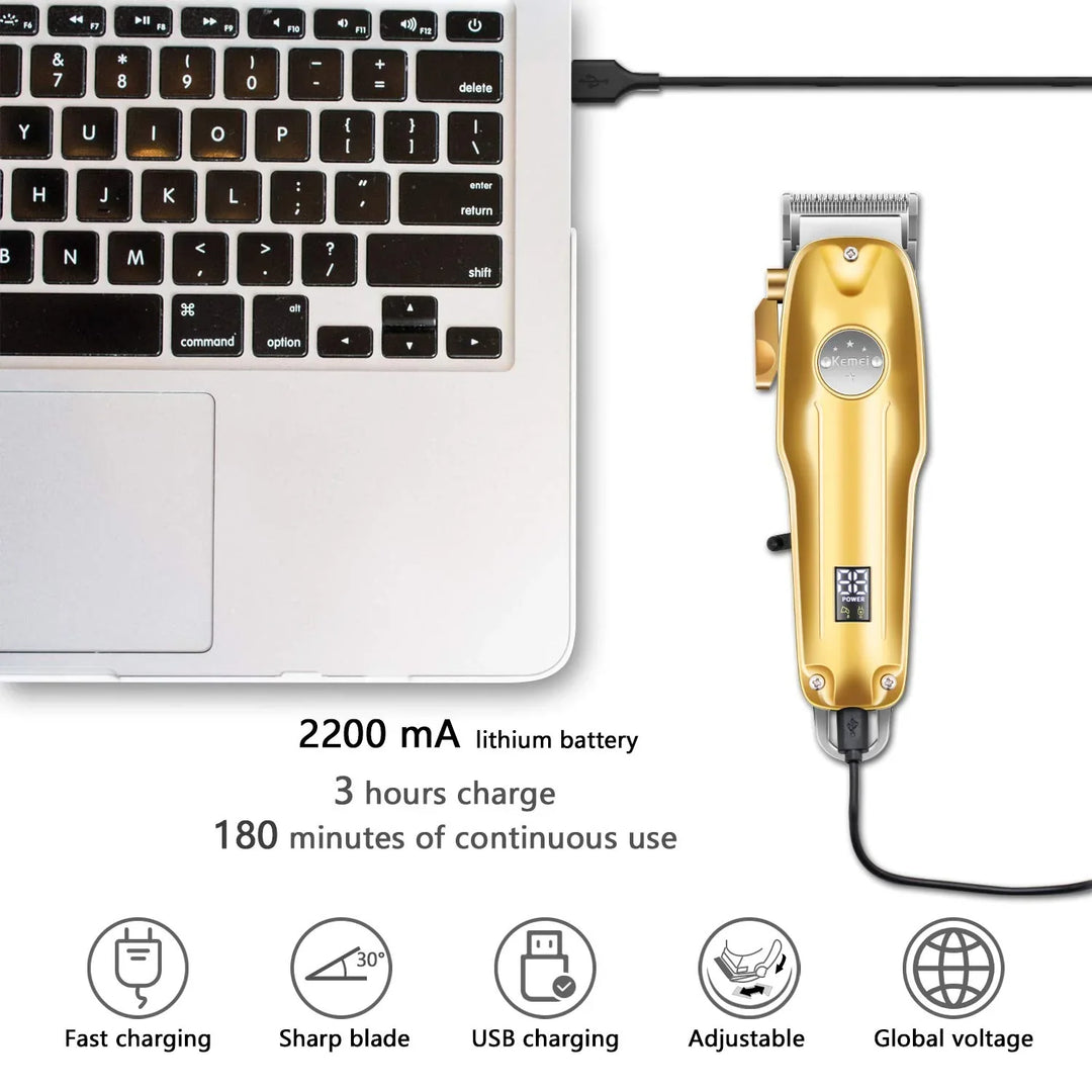 Portable gold cordless men's hair clipper set, ideal for professional travel & home grooming.