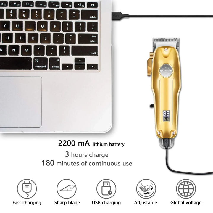 Portable gold cordless men's hair clipper set, ideal for professional travel & home grooming.