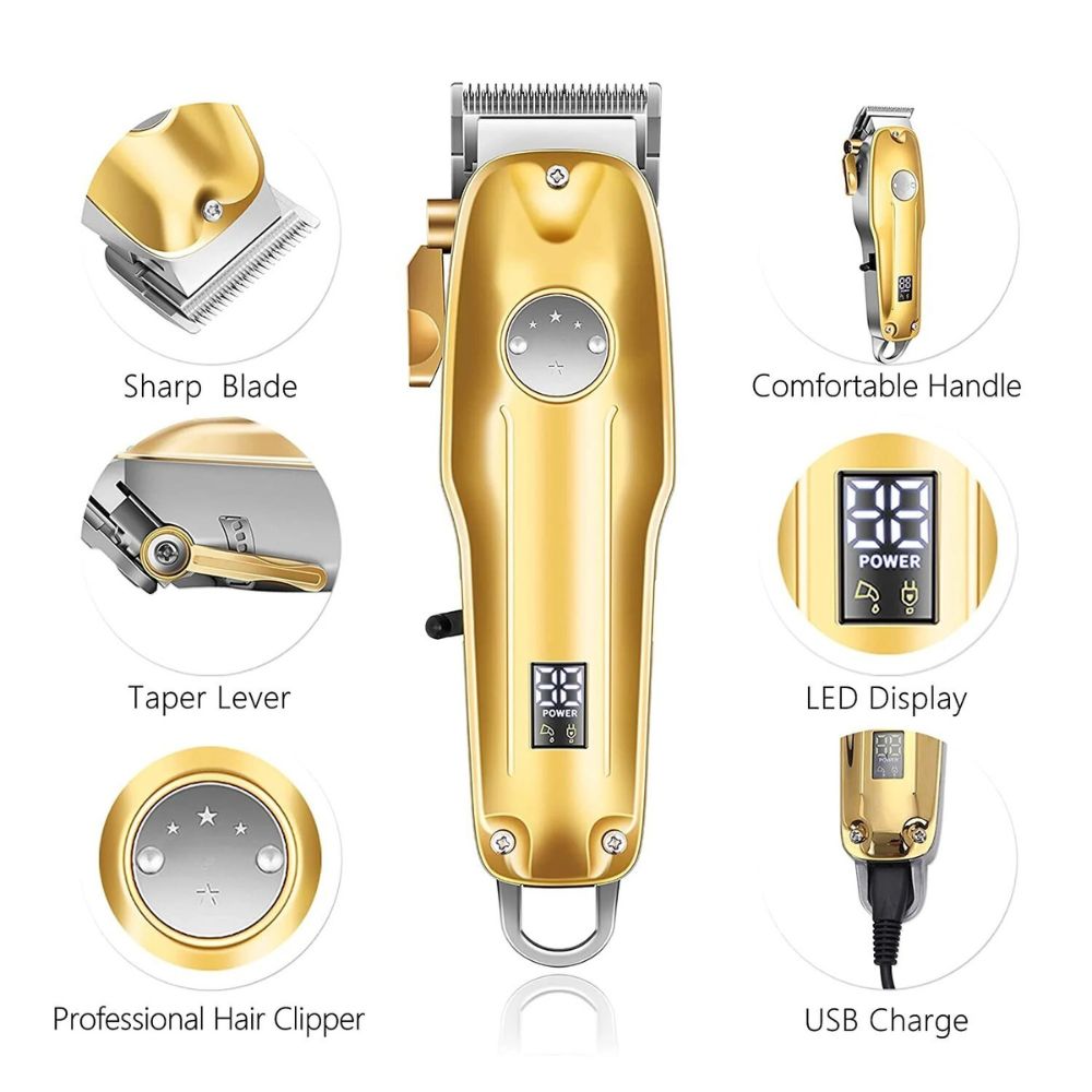 Precision gold cordless electric hair clipper & trimmer set for men's professional styling.