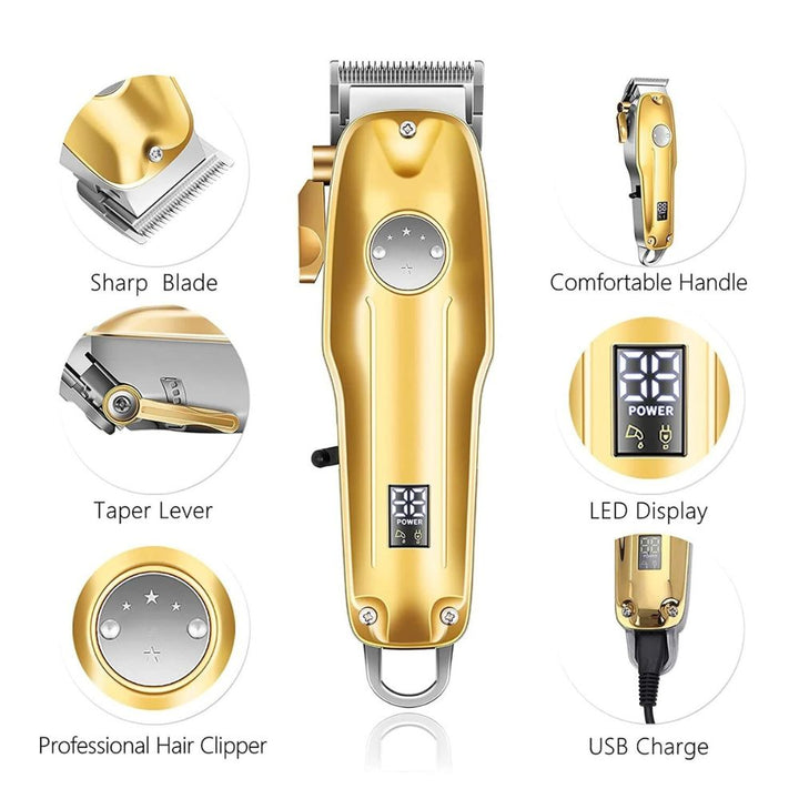 Precision gold cordless electric hair clipper & trimmer set for men's professional styling.