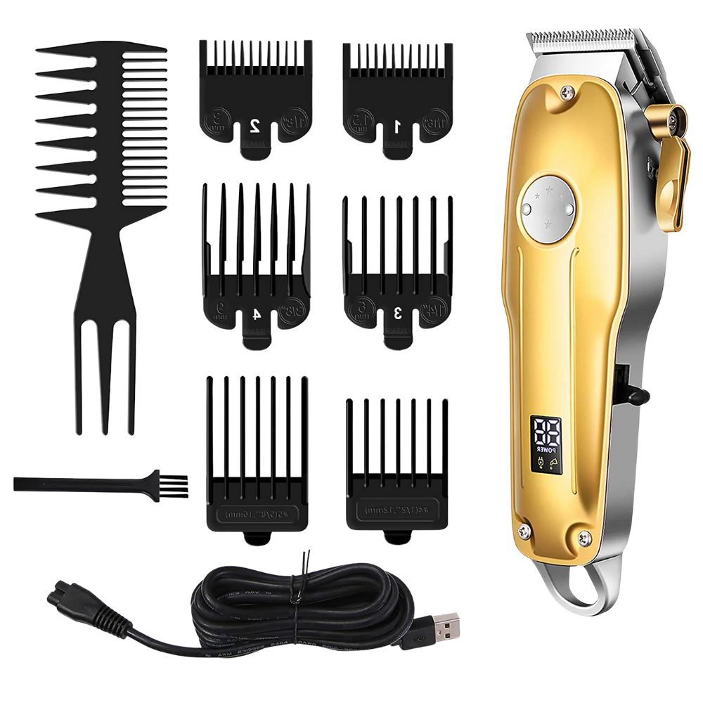 Pro-Kit gold cordless men's hair clipper set, professional-grade for all grooming needs.