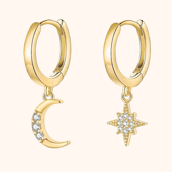 Gold plated sterling silver moon & star celestial dangle earrings for women, Cosmica collection.