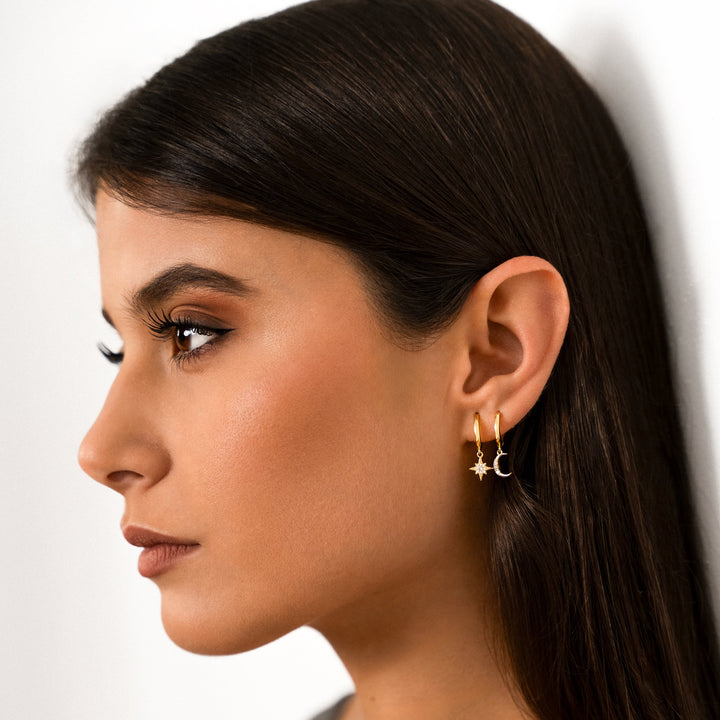 Elegant celestial moon & star dangle earrings, perfect women's fashion jewelry gift for her.