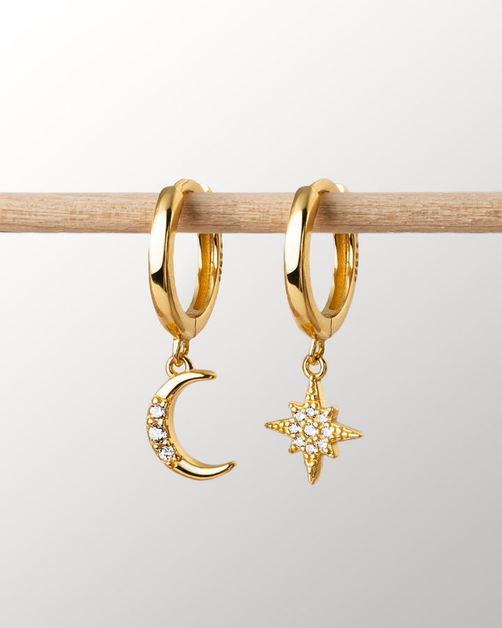 Beautiful gold plated celestial moon & star dangle earrings, a perfect gift for women.