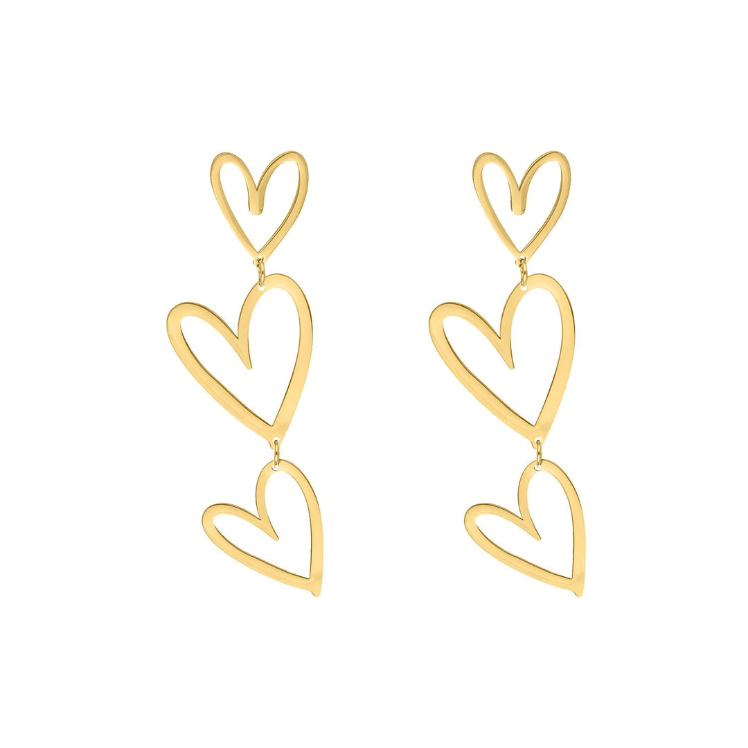 Gold plated sterling silver triple heart pendant drop earrings for women.