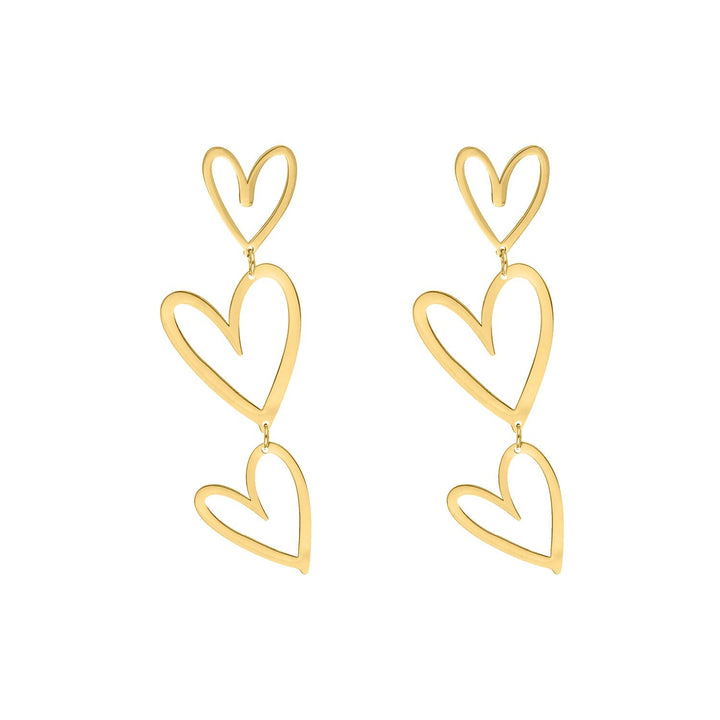Gold plated sterling silver triple heart pendant drop earrings for women.