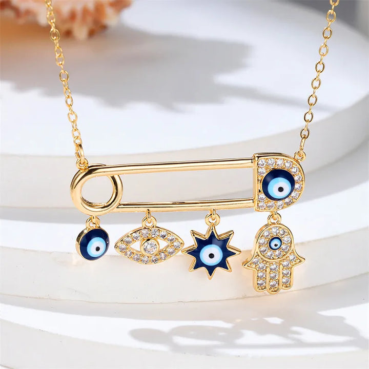 Gold plated women's Evil Eye necklace with zircon, elegant protection jewelry.