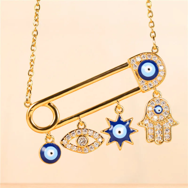 Delicate gold plated Halo Essence Evil Eye necklace, sparkling zircon stones for spiritual elegance.