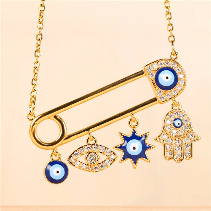 Delicate gold plated Halo Essence Evil Eye necklace, sparkling zircon stones for spiritual elegance.