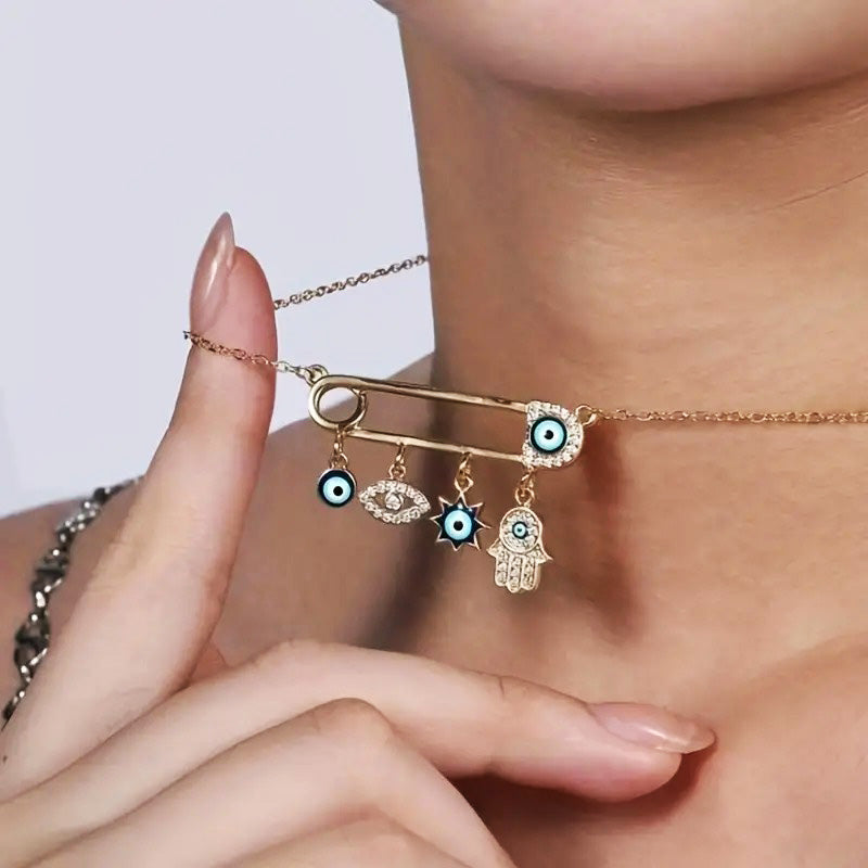 Women's gold plated Evil Eye necklace, a beautiful zircon-studded spiritual charm offering protection.