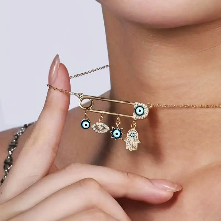Women's gold plated Evil Eye necklace, a beautiful zircon-studded spiritual charm offering protection.