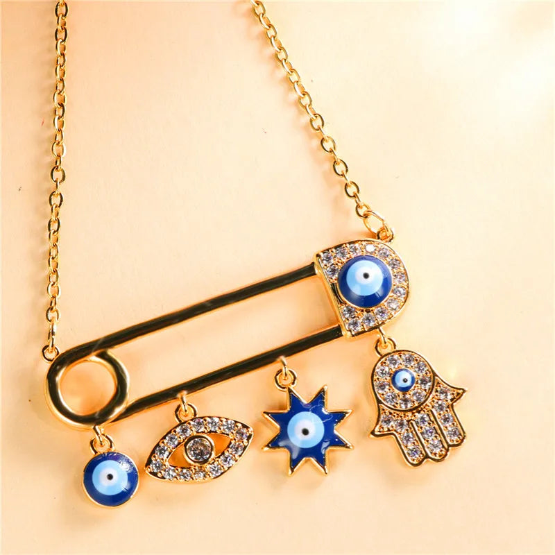 Fashionable gold plated Evil Eye necklace with zircon, a chic women's jewelry accessory.