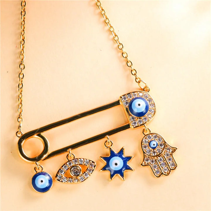 Fashionable gold plated Evil Eye necklace with zircon, a chic women's jewelry accessory.