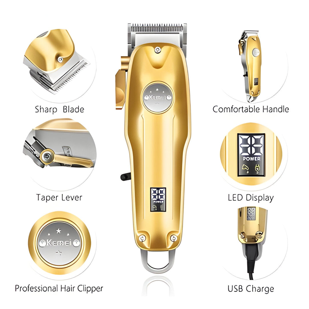 Men's professional gold hair clipper grooming kit, cordless electric shaver, beard trimmer.