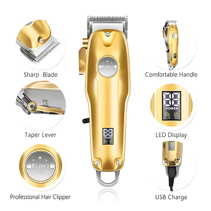 Men's professional gold hair clipper grooming kit, cordless electric shaver, beard trimmer.